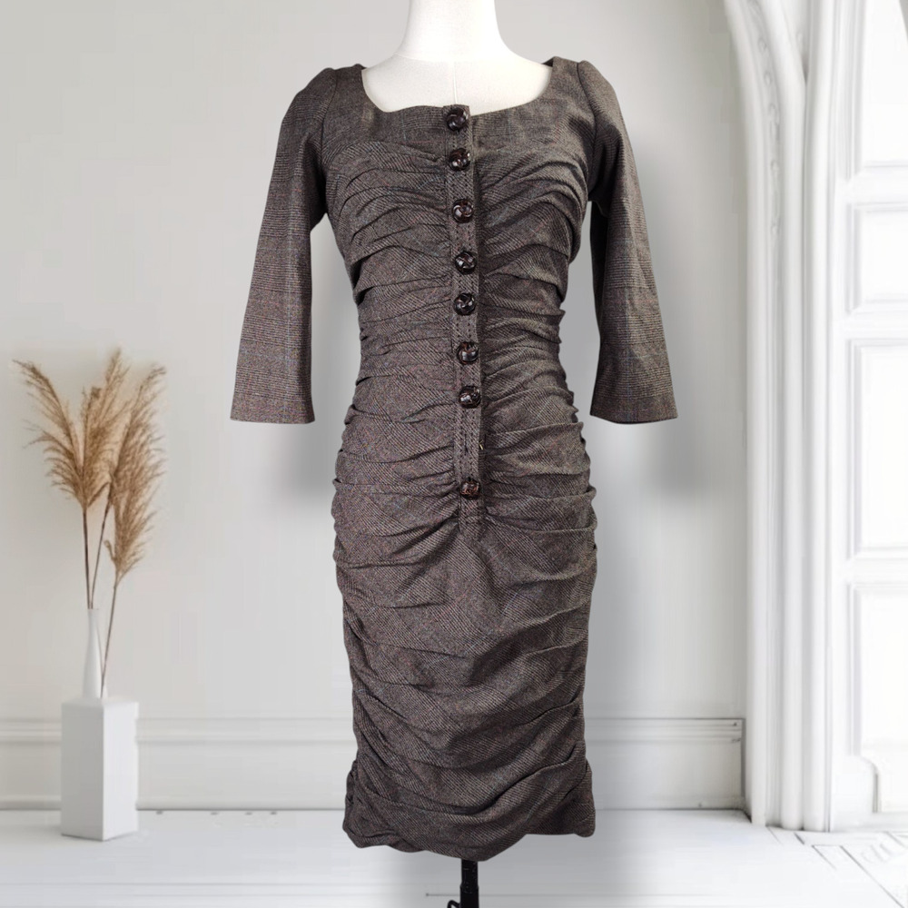Byron Lars Beauty Mark Ruched Plaid Pencil Dress Button Front Brown Size 2